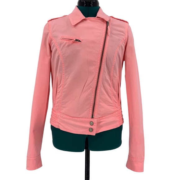 Zara TRF Premium Wash Salmon Pink Moto-Style Lightweight Denim Jacket, Small - Picture 3 of 16